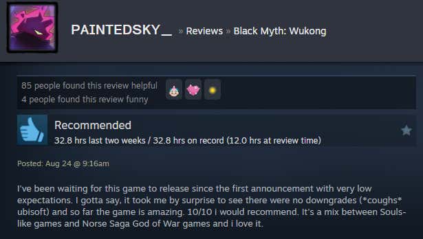 Screenshot of the article titled Dark Legend: Wukong, as reported by Steam Reviews